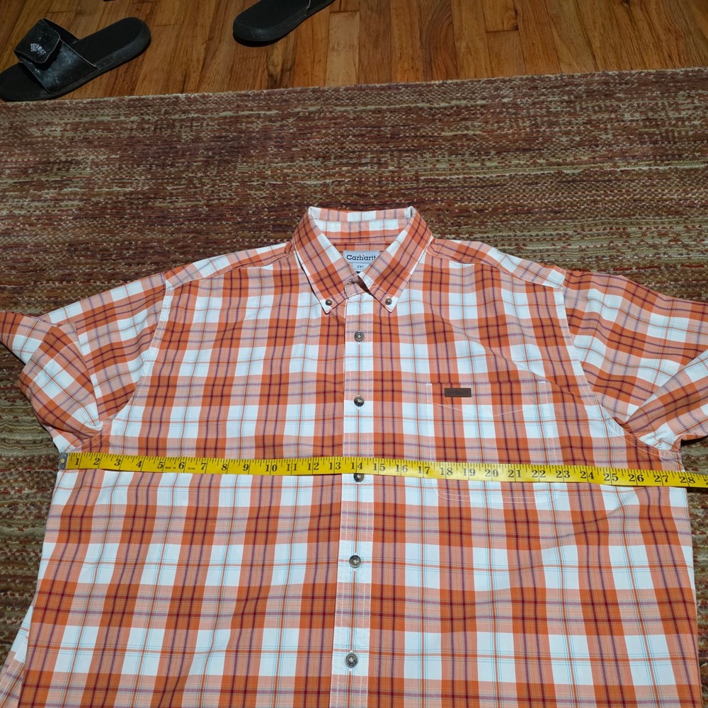 Carhartt MensPlaid Short Sleeve Button Up Shirt Orange White Cotton 2XL Workwear - Picture 5 of 10